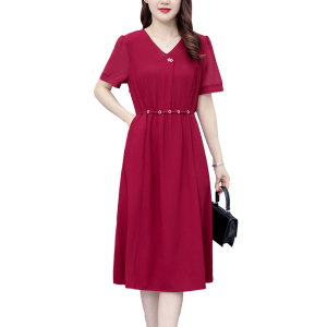 RM8743#大码女装2023夏季新款时尚洋气V领中长款收腰显瘦纯色连衣裙