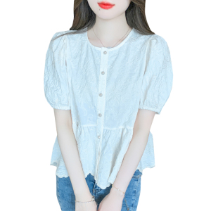 RM6510#夏季新款气质减龄收腰短袖上衣洋气蕾丝绣花泡泡袖衬衫
