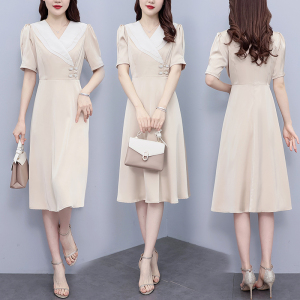 RM16248#大码女装2023夏季新款高级感气质通勤高腰显瘦纯色A字连衣裙