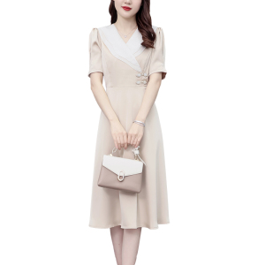 RM16248#大码女装2023夏季新款高级感气质通勤高腰显瘦纯色A字连衣裙