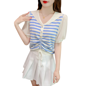 TR21345# 冰丝针织衫女春夏季新款洋气减龄甜美显瘦条纹短袖上衣女