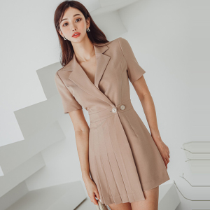 RM10141#夏季韩版气质新款修身西装领收腰压褶包臀时尚连衣裙女