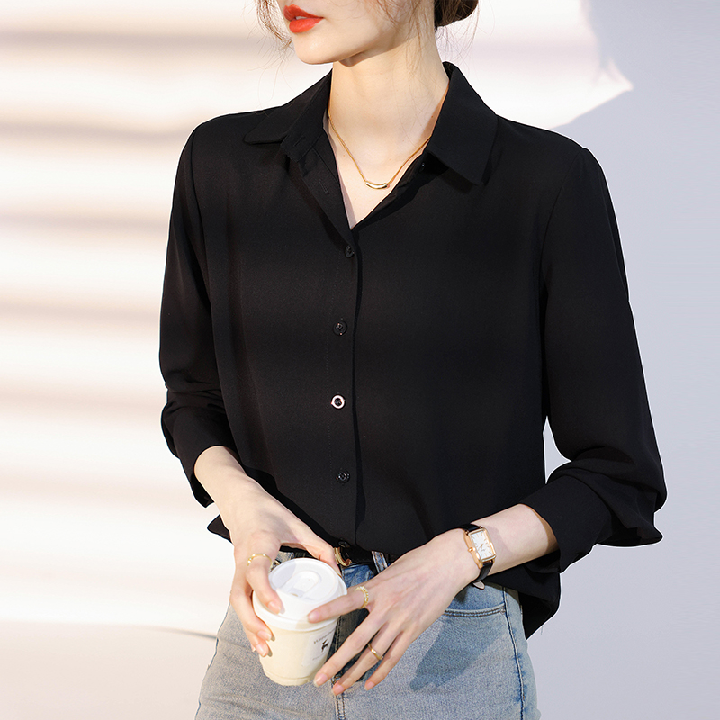 雪紡襯衫女2026春秋新款韓版寬松顯瘦打底衫黑色職業OL百搭上衣潮