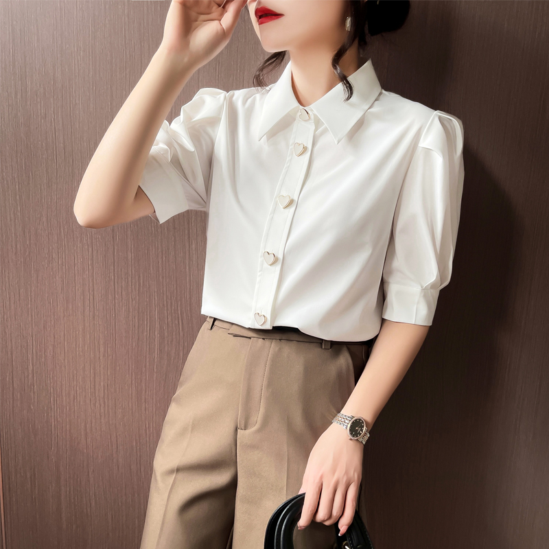 白色泡泡袖棉襯衫女短袖夏新款 甜美復古上衣 彈力透氣燈籠袖襯衣