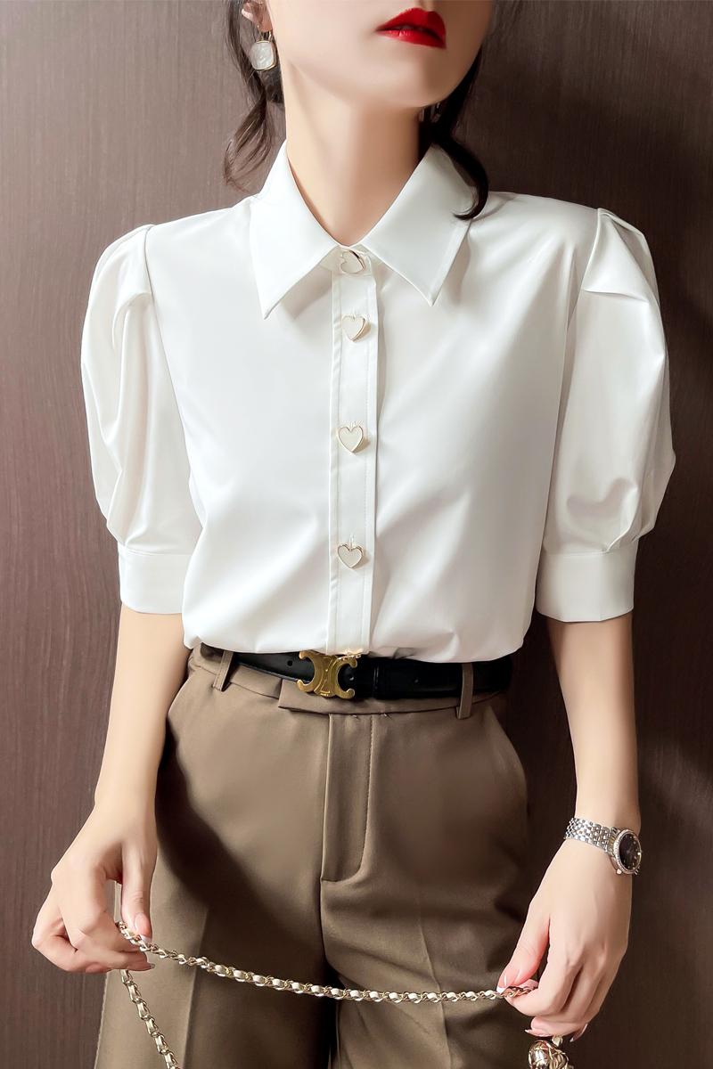 白色泡泡袖棉襯衫女短袖夏新款 甜美復古上衣 彈力透氣燈籠袖襯衣