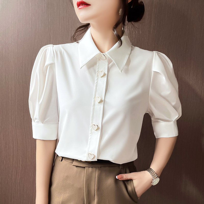 白色泡泡袖棉襯衫女短袖夏新款 甜美復古上衣 彈力透氣燈籠袖襯衣