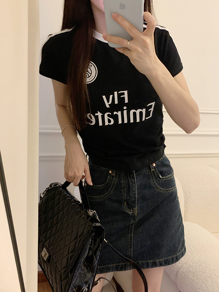 Real shot of Meish retro letter print T-shirt