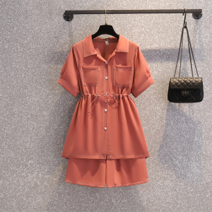 RM6061#大码女装纯色夏季高腰甜美套装 淑女开衫 松紧腰短裤2件套