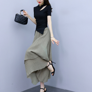 TR30453# 新中式国风大码女装两件套装短袖针织上衣拼高腰半身裙