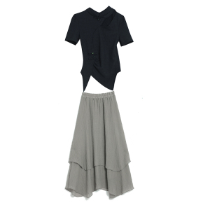 TR30453# 新中式国风大码女装两件套装短袖针织上衣拼高腰半身裙