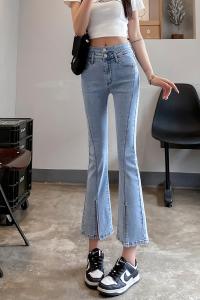 RM11076#牛仔喇叭裤高腰显瘦女小个子裤设计感小众开叉微喇裤