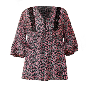 RM21628#V领衬衫中袖女士夏季新款高端碎花小衫大码显瘦遮肚子上衣