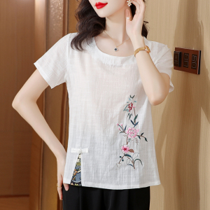 RM11629#夏季新款复古棉麻宽松显瘦高端亚麻气质拼接短袖T恤女