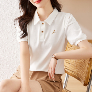 RM7220#夏季字母刺绣新款简约韩版宽松型POLO领泡泡袖短袖纯色