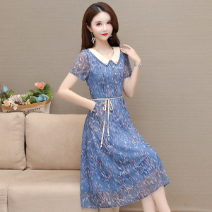 RM19355#夏季新款高级感贵夫人过膝长款连衣裙短袖气质妈妈裙子女