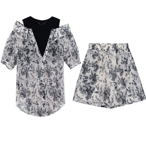 RM9445#大码女装印花棉麻拼接T恤上衣+短裤 套装两件套有里衬