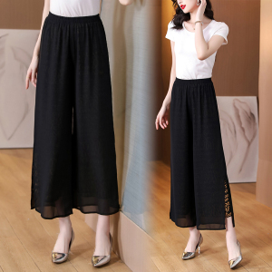 RM6827#阔腿裤女夏季裤子2023年新款高腰显瘦九分裤开叉薄款真丝雪纺女裤