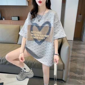 RM6075#提花后包领韩版中长款毛巾贴布夏季新款短袖T恤女潮
