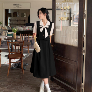 RM13698#大码女装学院风2023年夏季法式翻领系带优雅气质绝美假两件连衣裙