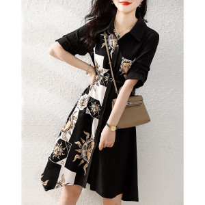RM6567#艺术绘画衬衣连衣裙夏法式印花高级感裙子收腰显瘦连衣裙