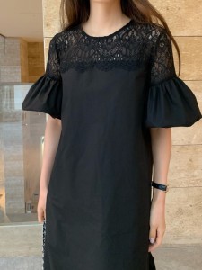 TR41677#  韩国chic法式复古蕾丝拼接设计感灯笼袖连衣裙 服装批发女装批发服饰货源