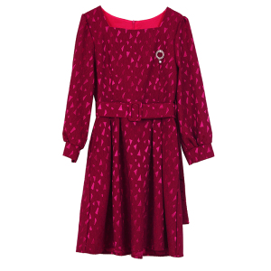 RM11903#小个子春季连衣裙女2023年新款酒红色提花长袖方领收腰中裙子