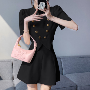 RM8870#法式高级感小香风泡泡袖立领双排扣短款高腰半裙两件套