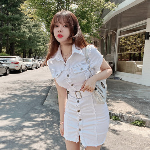 RM10142#夏装新款韩版气质修身单排扣腰带收腰包臀连衣裙牛仔裙
