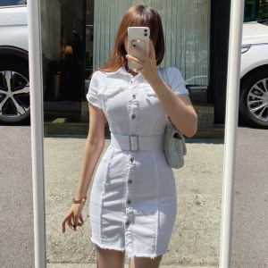 RM10142#夏装新款韩版气质修身单排扣腰带收腰包臀连衣裙牛仔裙