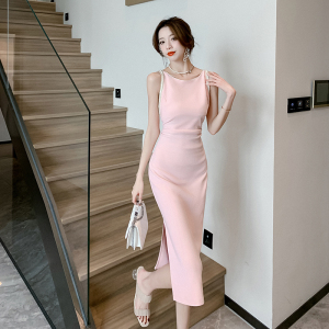 RM7300#夏法式高端气质修身连衣裙女纯色高腰显廋开叉长裙