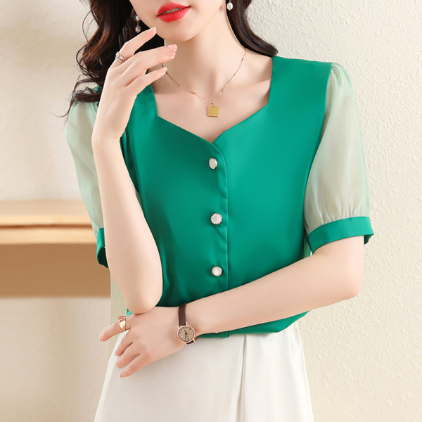 RM7677#韩版设计感拼色缎面雪纺衫夏装时尚百搭单排扣上衣女