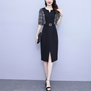 RM10490#夏季新款大码女装气质名媛风拼接印花洋气显瘦连衣裙
