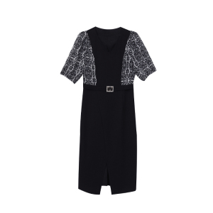 RM10490#夏季新款大码女装气质名媛风拼接印花洋气显瘦连衣裙