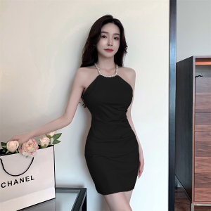 Real Time Spot New Pearl Neck Hanging Off Shoulder Dress Sexy Tight Wrapped Hip Short Dress