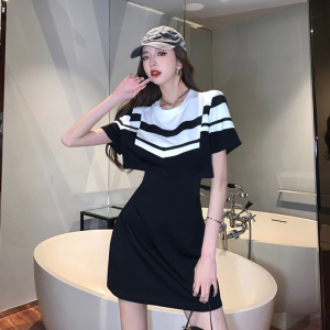 RM14281#甜酷帅气设计感小众黑白撞色条纹高腰显瘦短袖连衣裙夏