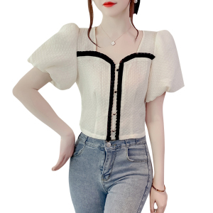 TR21339# 短袖T恤女夏季新款韩版温柔撞色短袖甜美减龄显瘦小香风上衣