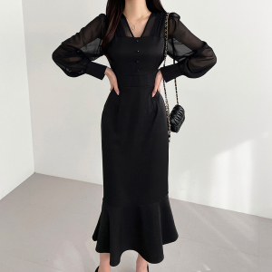 RM8572#韩版 INS 夏季新款气质V领收腰显瘦灯笼袖鱼尾长裙