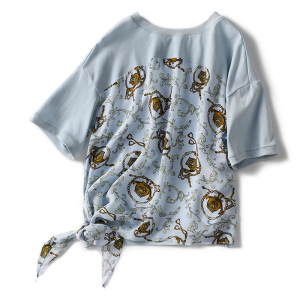 TR20842# 海岛时髦复古丝巾印花蚕丝拼接T恤 服装批发女装服饰货源