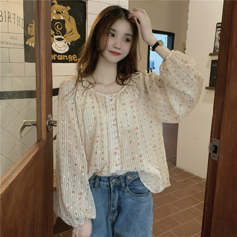 Real shot!  Spring and summer design stitching sequined floral shirt women's Korean style loose single-breasted long-sleeved top