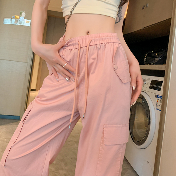 RM15535#粉色抽绳工装裤女2023夏季薄款宽松高腰显瘦束脚阔腿休闲长...