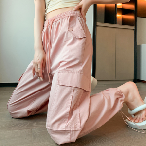RM15535#粉色抽绳工装裤女2023夏季薄款宽松高腰显瘦束脚阔腿休闲长裤