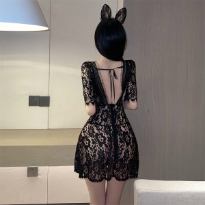 Real time spot single layer perspective deep V low cut lace spicy girl fun short sleeved dress with underwear