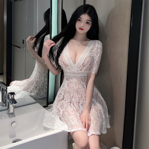 Real time spot single layer perspective deep V low cut lace spicy girl fun short sleeved dress with underwear