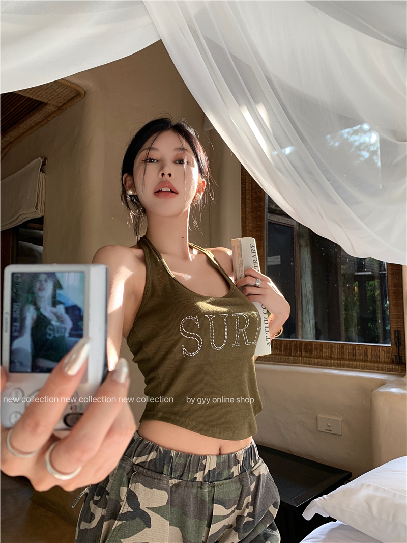 Actual shot of old letter printed military green threaded halter top stretch hottie halter top