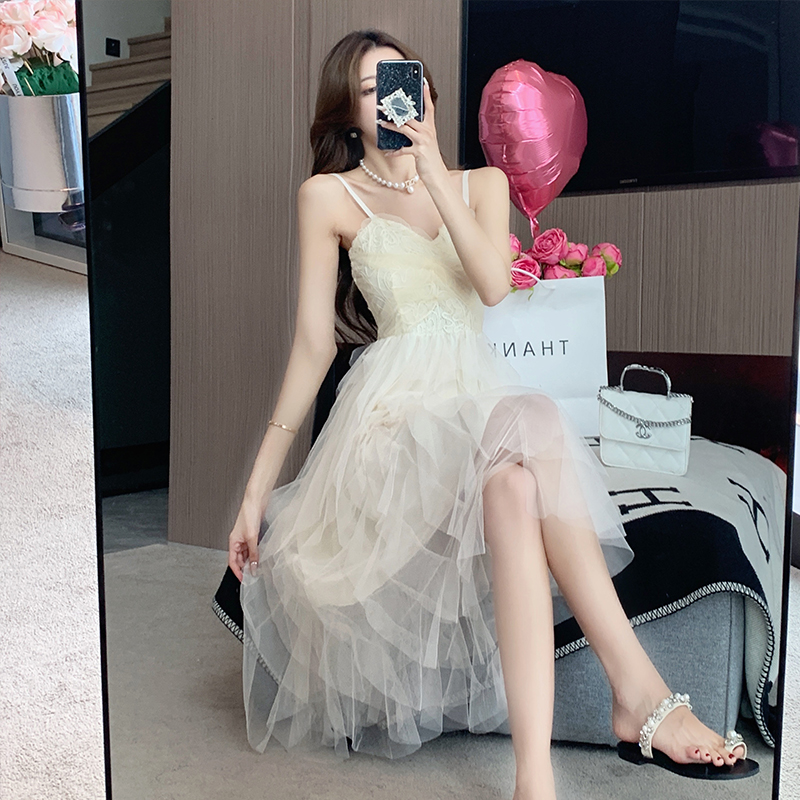 實拍小白裙輕婚紗仙女網紗日常禮服小個子性感抹胸吊帶連衣裙