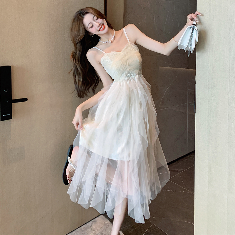 實拍小白裙輕婚紗仙女網紗日常禮服小個子性感抹胸吊帶連衣裙