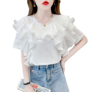 RM16018#纯棉短袖t恤女夏季2023年新款宽松体恤设计感小众荷叶边白色上衣