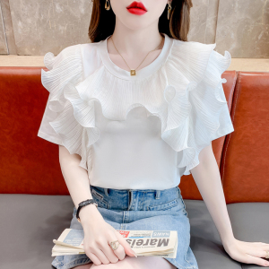 RM16018#纯棉短袖t恤女夏季2023年新款宽松体恤设计感小众荷叶边白色上衣