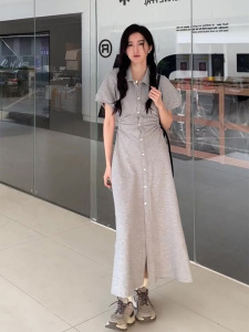 TR34813# 夏季新款灰色露腰连衣裙韩系风格穿搭遮肚子减龄裙子女小众设计感