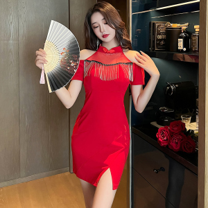 Sexy Off Shoulder Nightclub Dress Tight Wrapped Hip Dress Cheongsam